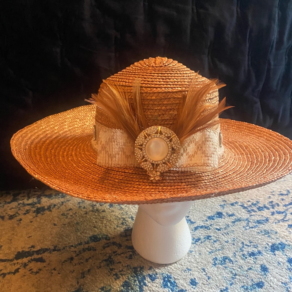 Vintage wide brim straw hat remade.  One of a kind.